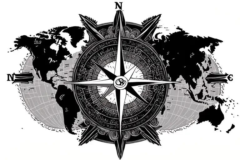 Vintage World Map Compass Rose Intertwined