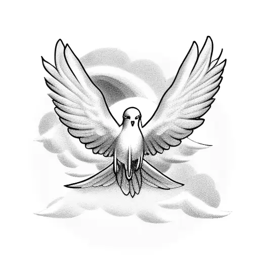 Dove Flying In Clouds With Ribbon At The Bottom