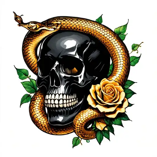 Black Skull With A Gold Snake Raping Around It And Roses