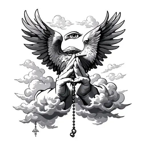 Praying Hands Holding A Rosary With An Eye Surrounded By Clouds With An Eagle