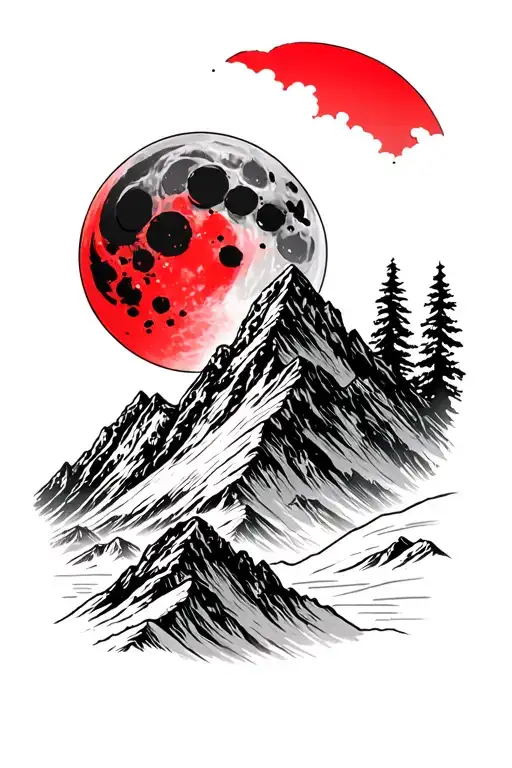Red Hunters Moon With Snow Capped Mountain Range