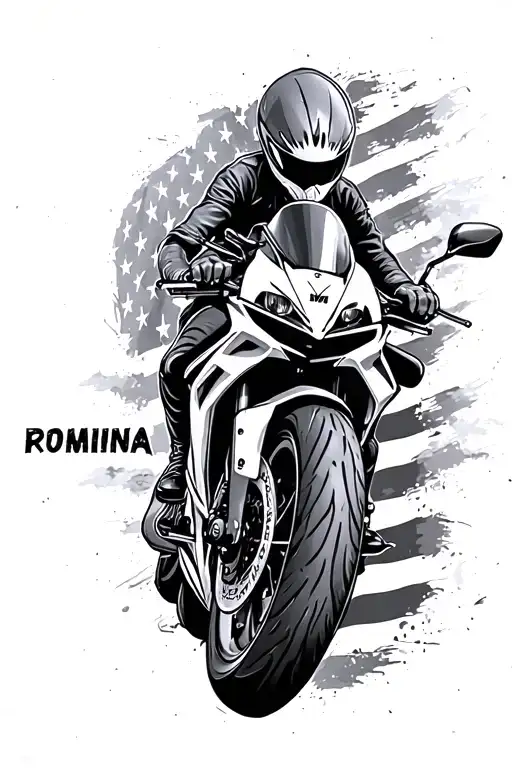 Sport Bike And American Flag Incorporated With The Name Romina Involved
