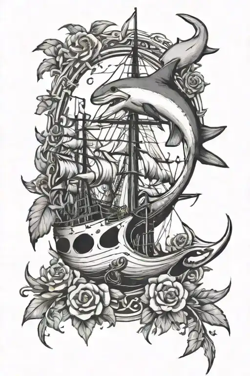 One Hammerhead Shark And Ship Anchor With Flowers Intertwined
