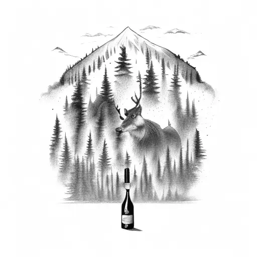 A Wine Bottle Surrounded By Forest Trees And Animals