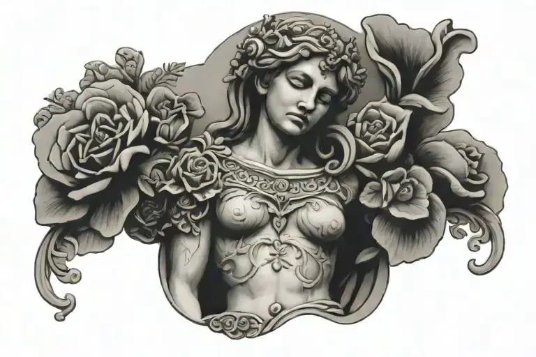 Romanesque Statue Surrounded By Fine Line Floral