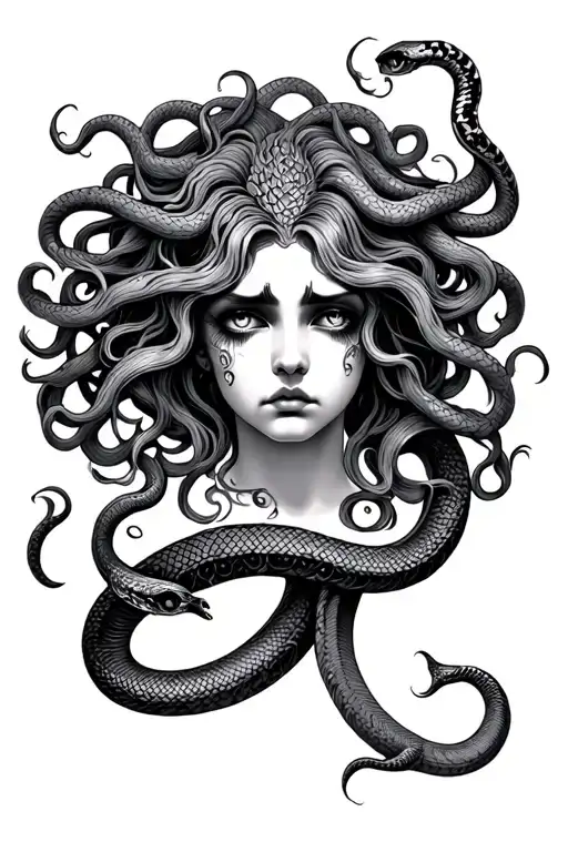 Beautiful Medusa Portrait Style Tattoo Featuring Sad Eyes And Snake Hair