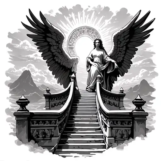 Bridge Leading To Angel In Front Of Gates Of Heaven Sunshine