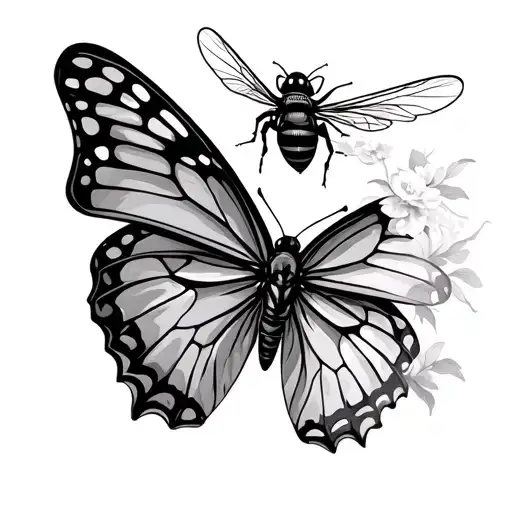 Butterfly And Bee Flying Together Symbolizing The Client's