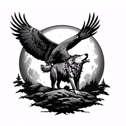 Wolf Howling At The Moon With An Eagle Soaring