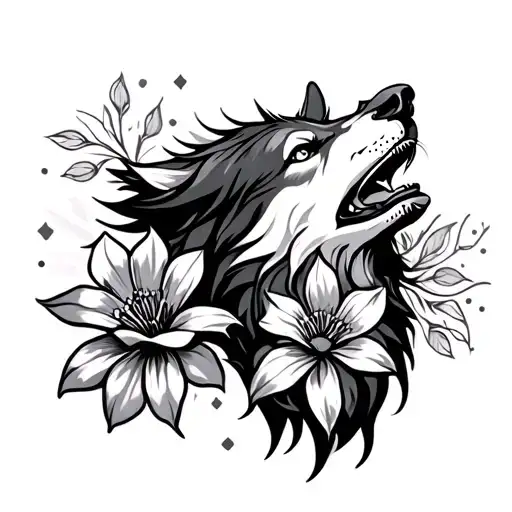 Howling Wolf With 2 Flowers