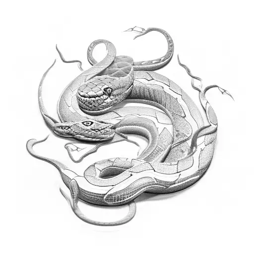 A Black And Grey Tattoo Of A Serpent Slithering Through A Bed Of Roses