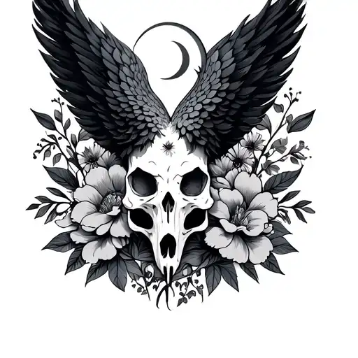 Long Bird Skull With Crescent Moon On Forehead With Flowers Behind