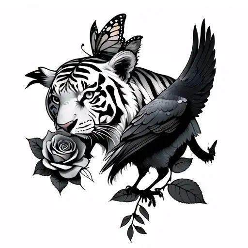 Fierce Queen Tiger Wearing A Crow With A Rose And A Butterfly