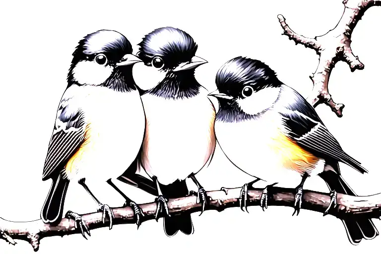 Three Black Capped Chickadees On Branches