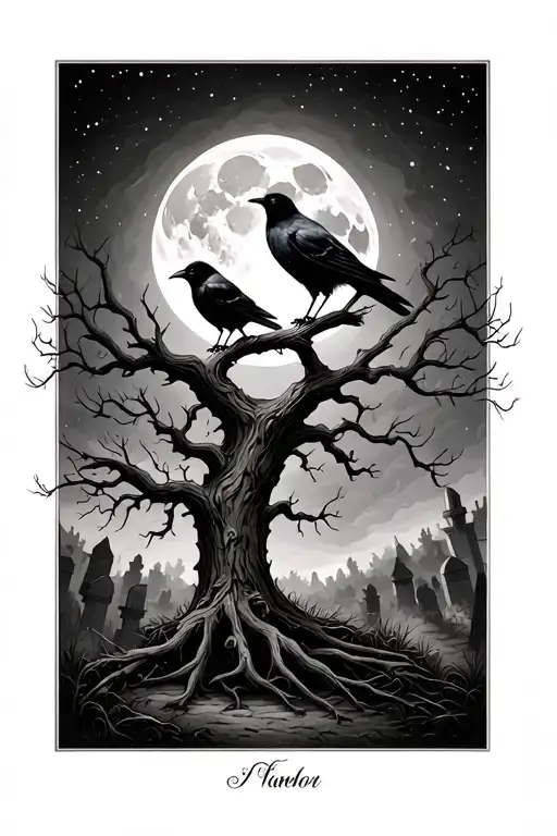 Tree With Crows And Moon Graveyard Scene