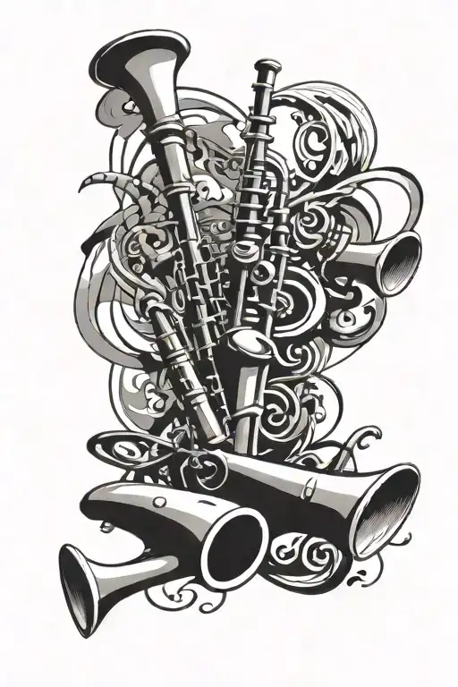 An Abstract Design Of Swirling Musical Notes And Airplane Propellers Intertwined With Bagpipes