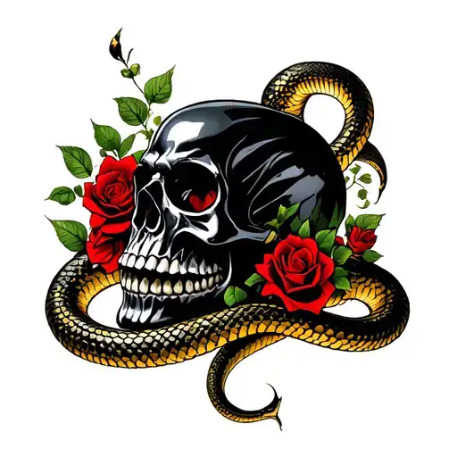 Black Skull With A Gold Snake Raping Around It And Some Red Roses Realistic