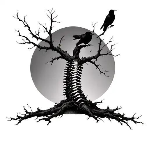 Cyber Spine Tattoo Featuring A Dead Tree With Crows No Background More Crows Smaller