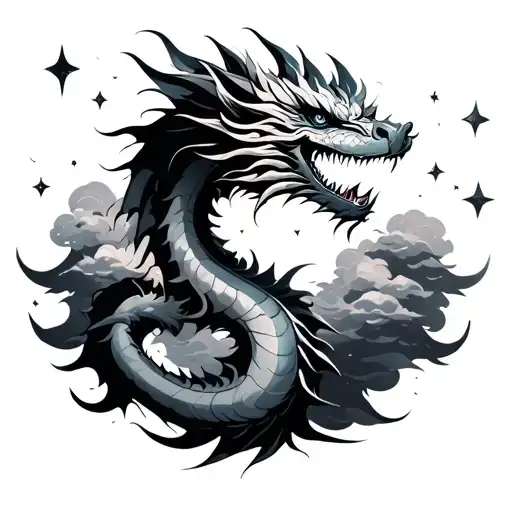 Dragon Magical Looking With Clouds And Stars