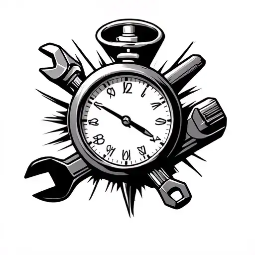 Clock And Auto Mechanic Holding A Wrench