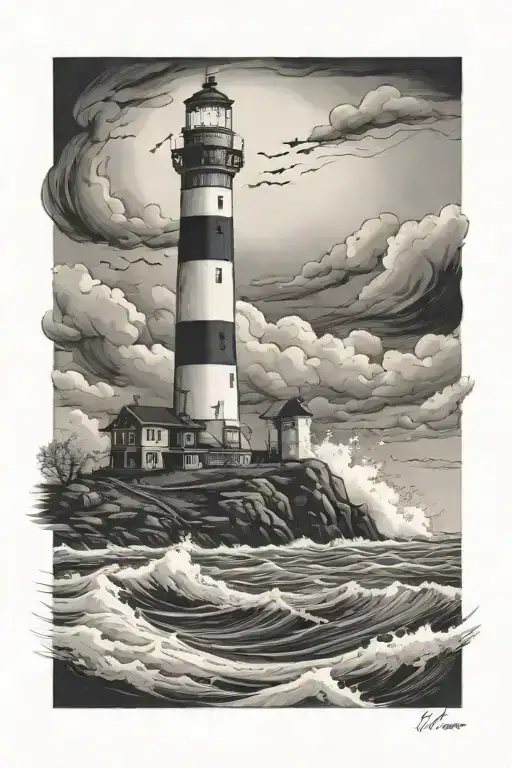 Lighthouse In A Storm Black And White Drawing