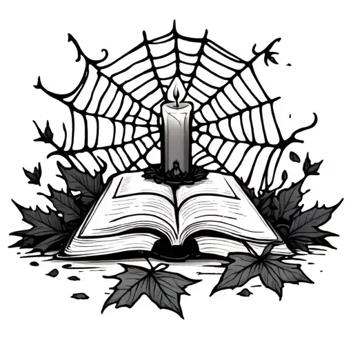 Books And Fallen Leaves Falling With A Spider Web And Candle