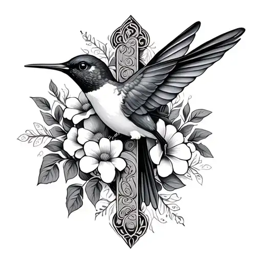 Humming Bird And Cross With Flowers