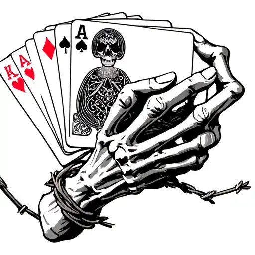 Skeleton Hand Holding Playing Cards Wrapped In Barbwire