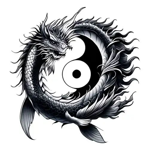 Koi Fish And Dragon Around Yin Yang With Dragon