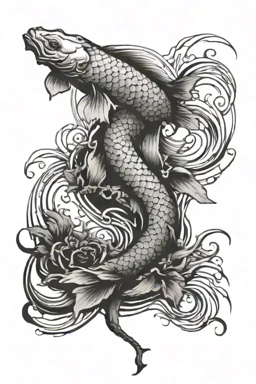 Forearm Tattoo With Vertical Waves And Koi Fish With Dragon