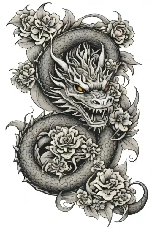 Japenease Dragon And Flowers Intertwined