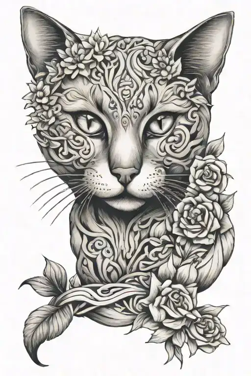 Cat With Flowers Intertwined Representing Eternal Love