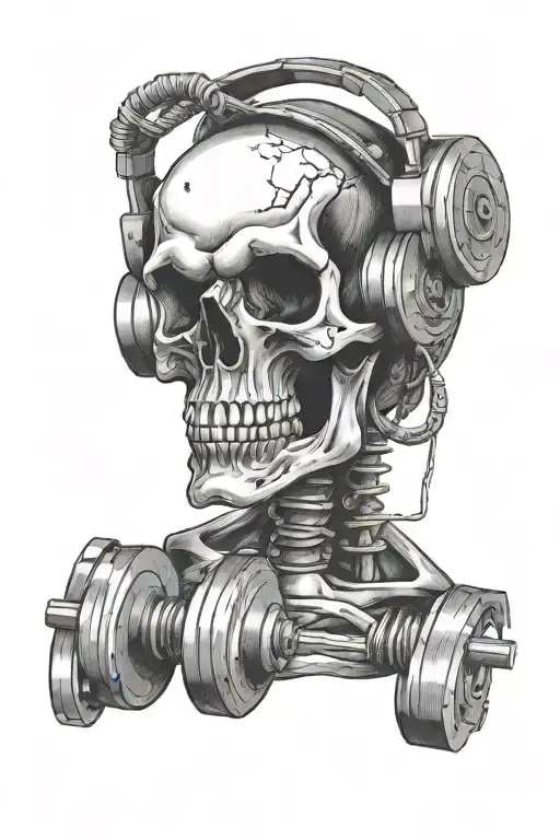 Dumbell Weight And Overthinking Skull Wearing Headphones