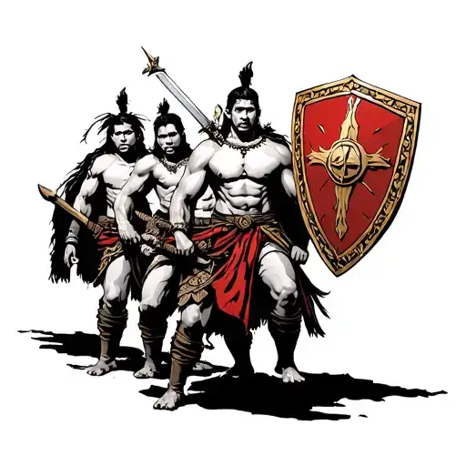 Muscular Filipino Warrior Protecting 4 Brothers With Sword And Shield