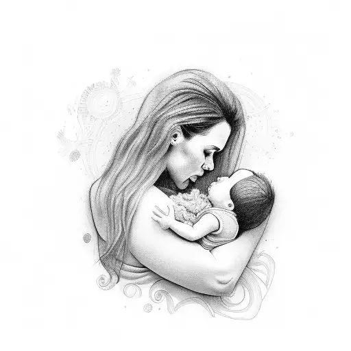 A Black And Grey Portrait Of A Mother Breastfeeding Her Baby With Intricate Details