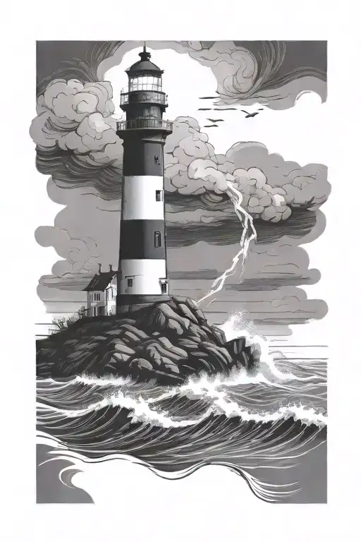 Lighthouse In A Storm Black And White Drawing