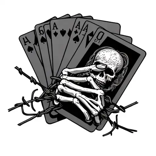 Skeleton Hand Holding Playing Cards Wrapped In Barbwire