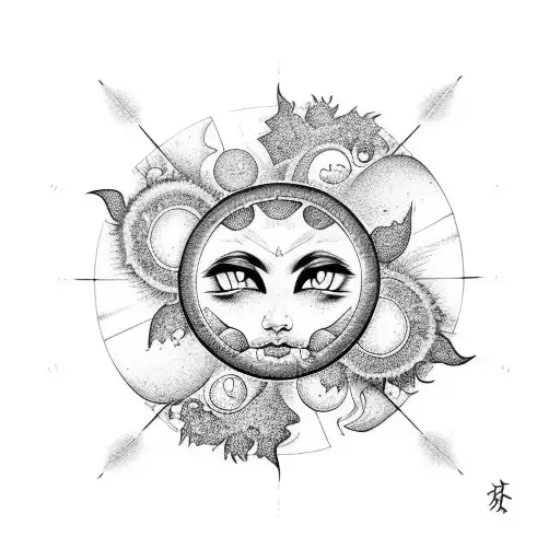 Sun And Moon With Sakura Flower