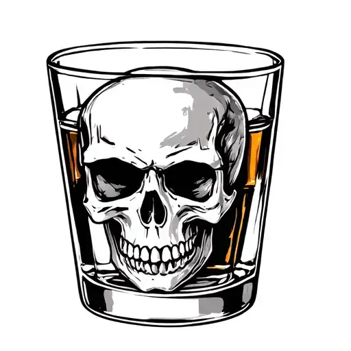 Generate Me A Drawing Image Of A Traditional Tattoo Style Of A Skull Head In A Whiskey Glass