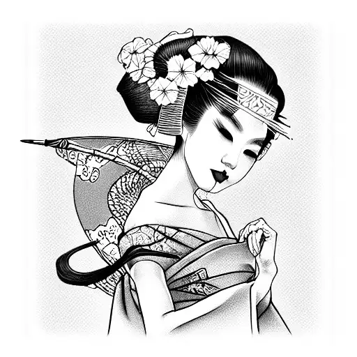 Japanese Geisha With Dragon In Realistic Style With Bold Lines