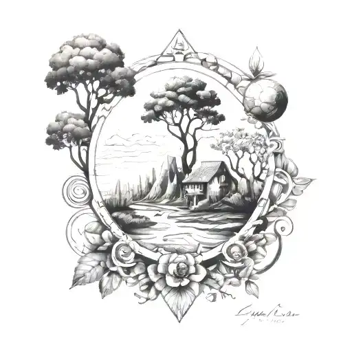 An Engineer's Blueprint Design Incorporating Symbols Of Family And Nature