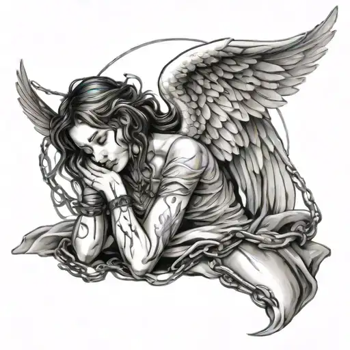 A Beautiful Female Angel Chained To The Ground Crying Trying To Break Free