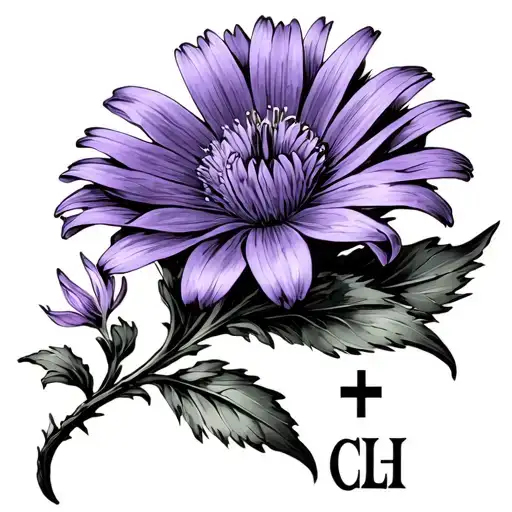 A Purple Aster Flower With A Lily Flower Branching Out And The Initials Clh And A Cross Worked In It