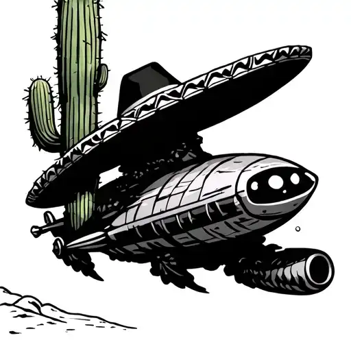 Desert With A Cactus Alien Spaceship Flying The Alien Is Wearing A Mariachi Hat Cartoon