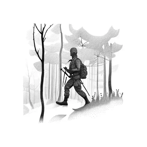 A Silhouette Of A Soldier Hiking Through A Dense Forest