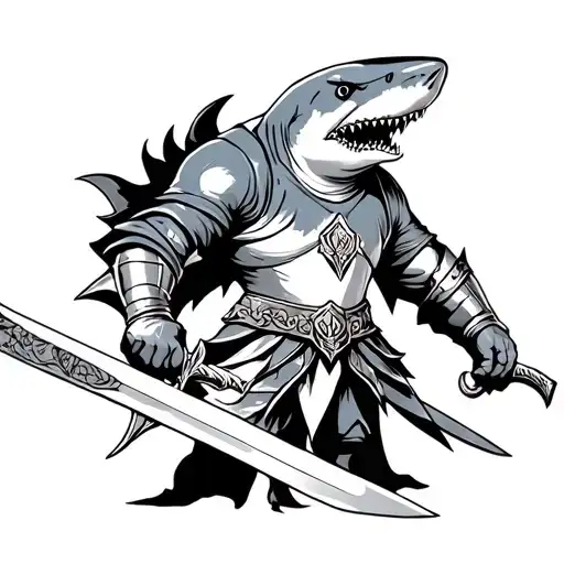 Shark God Knight Holding A Sword