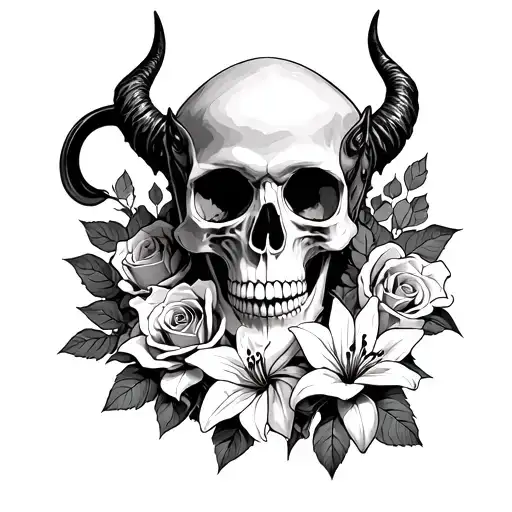 Skull In The Forest With Devil In Roses With Lilies