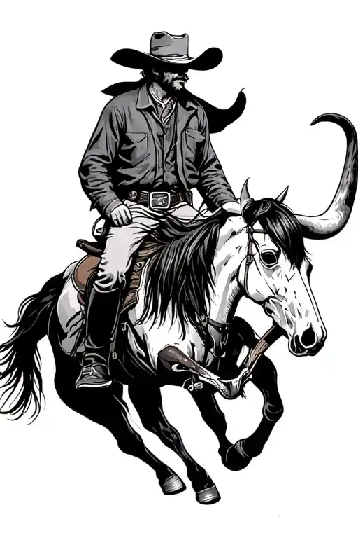 Cowboy Riding Horse And A Longhorn Skull