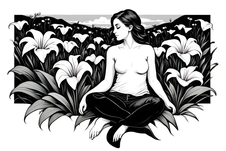 A Woman Sitting In A Field Of Peace Lily Flower