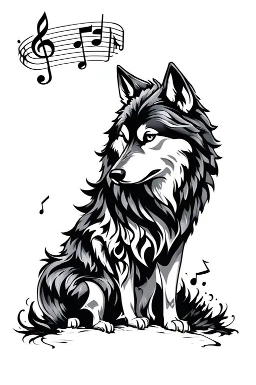 Tribal Wolf Tattoo Design Combining Musical Notes